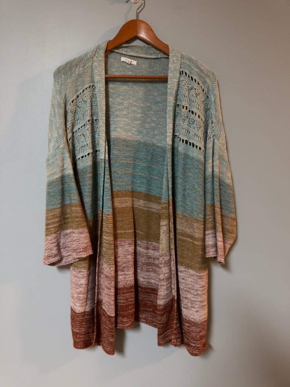 Maurices 2X Colorblock Open Front Cardigan Blue Pink Tan Lightweight Knit Boho